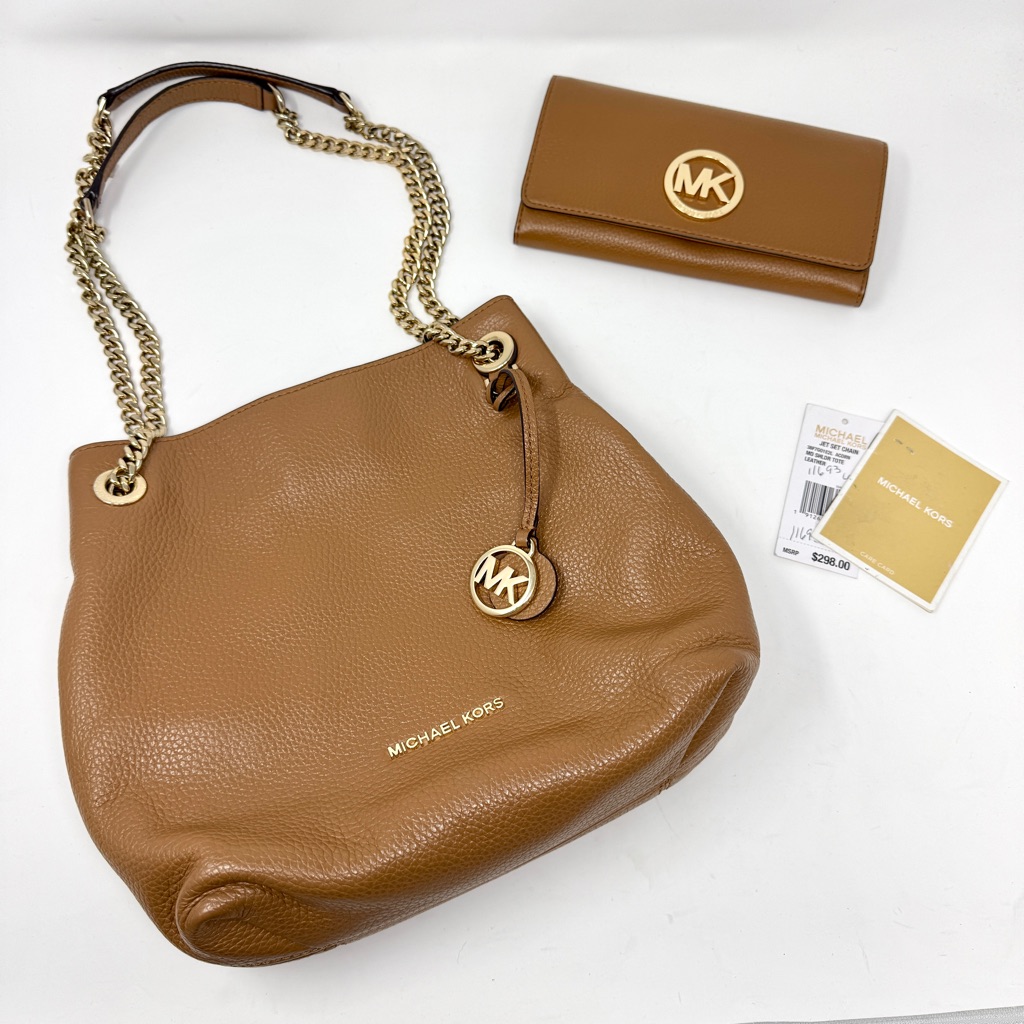 Michael Kors Jet Set Chain Medium Tote Purse Bag And Wallet In Acorn Brown